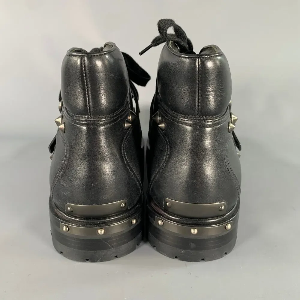 PRADA Size 12 Black Studded Leather Ankle Boots